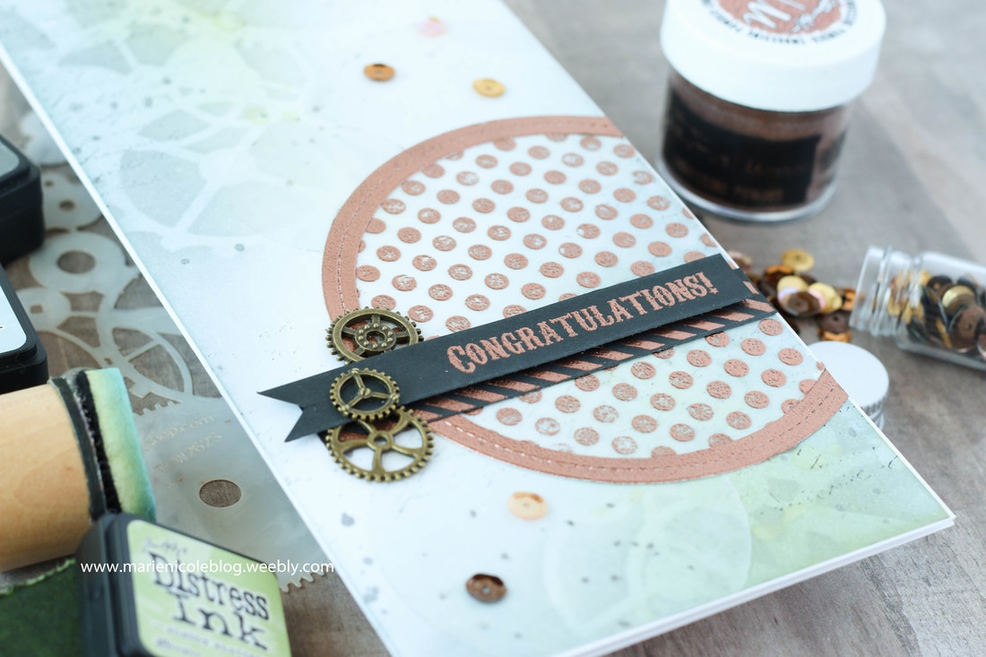 Long and skinny card base from Canvas Corp Brands. Love the gears background and that shiny Brutus Monroe Embossing Powder- Marie Nicole Designs